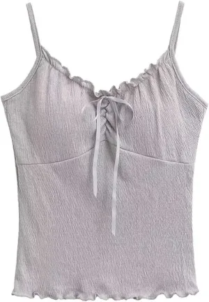 Women's V-Neck Sleeveless Camisole Ruffled Front Lace-Up Built-in Chest Pads Slim Fit Casual Tank Top Sy