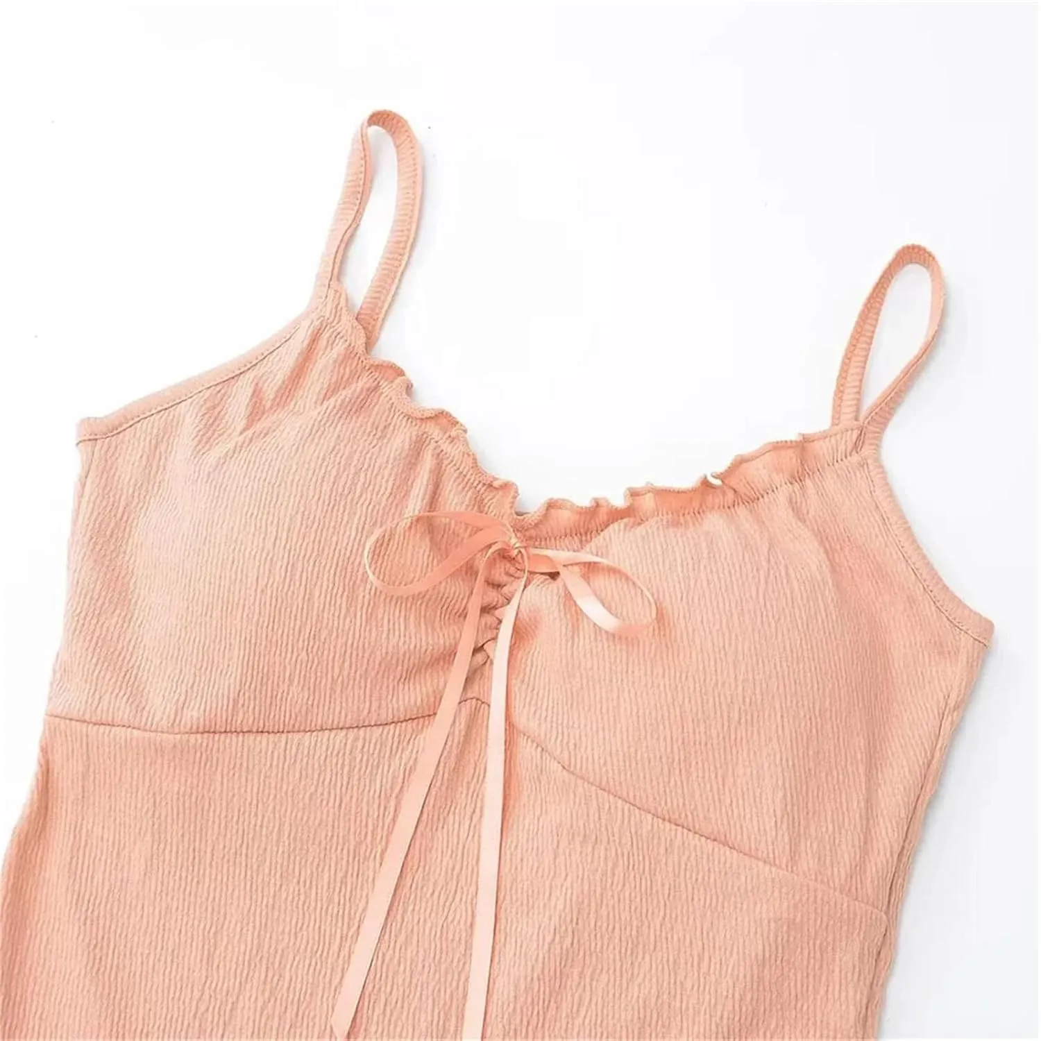 Women's V-Neck Sleeveless Camisole Ruffled Front Lace-Up Built-in Chest Pads Slim Fit Casual Tank Top Sy