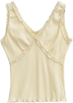 Women's V-Neck Sleeveless Tank Top Ruffle Trim Ribbed Slim Fit Summer Camisole