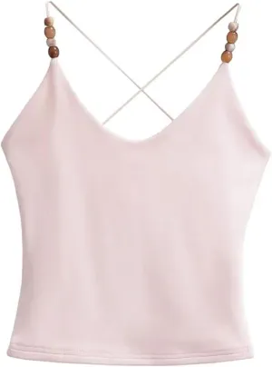 Women's V-Neck Spaghetti Strap Camisole Beaded Decoration Summer Casual Tank Top