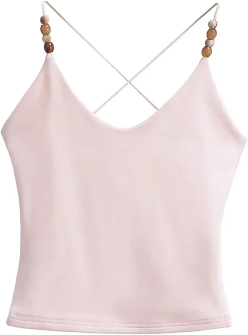Women's V-Neck Spaghetti Strap Camisole Beaded Decoration Summer Casual Tank Top