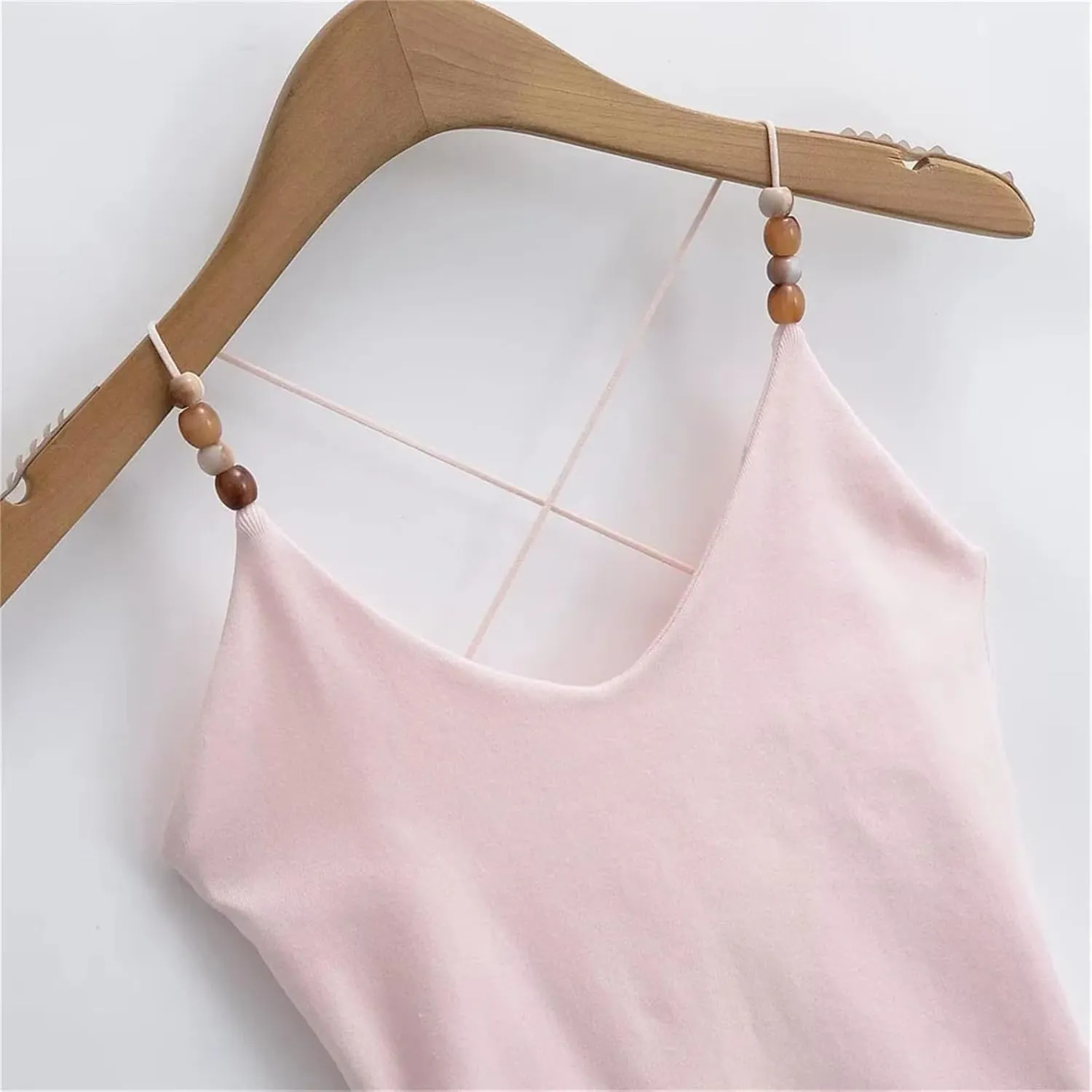 Women's V-Neck Spaghetti Strap Camisole Beaded Decoration Summer Casual Tank Top