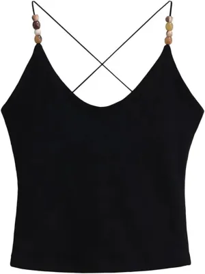 Women's V-Neck Spaghetti Strap Camisole Beaded Decoration Summer Casual Tank Top