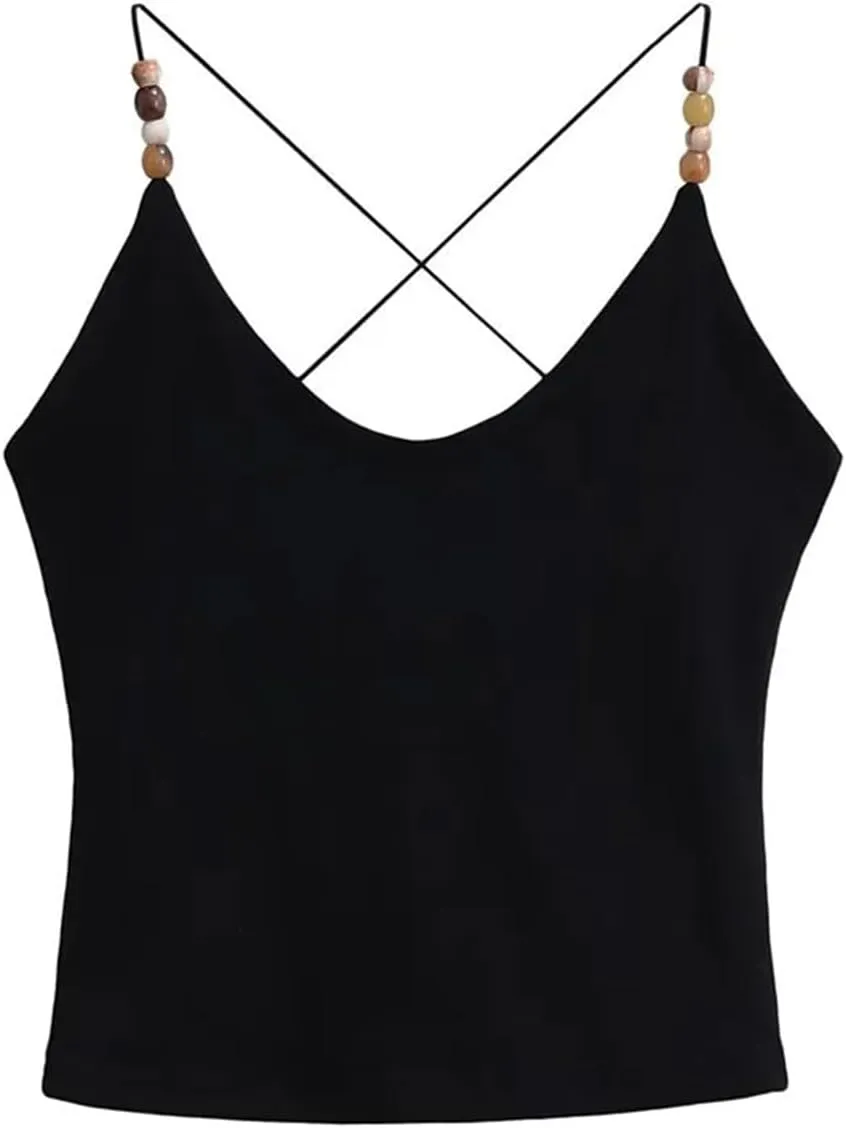 Women's V-Neck Spaghetti Strap Camisole Beaded Decoration Summer Casual Tank Top