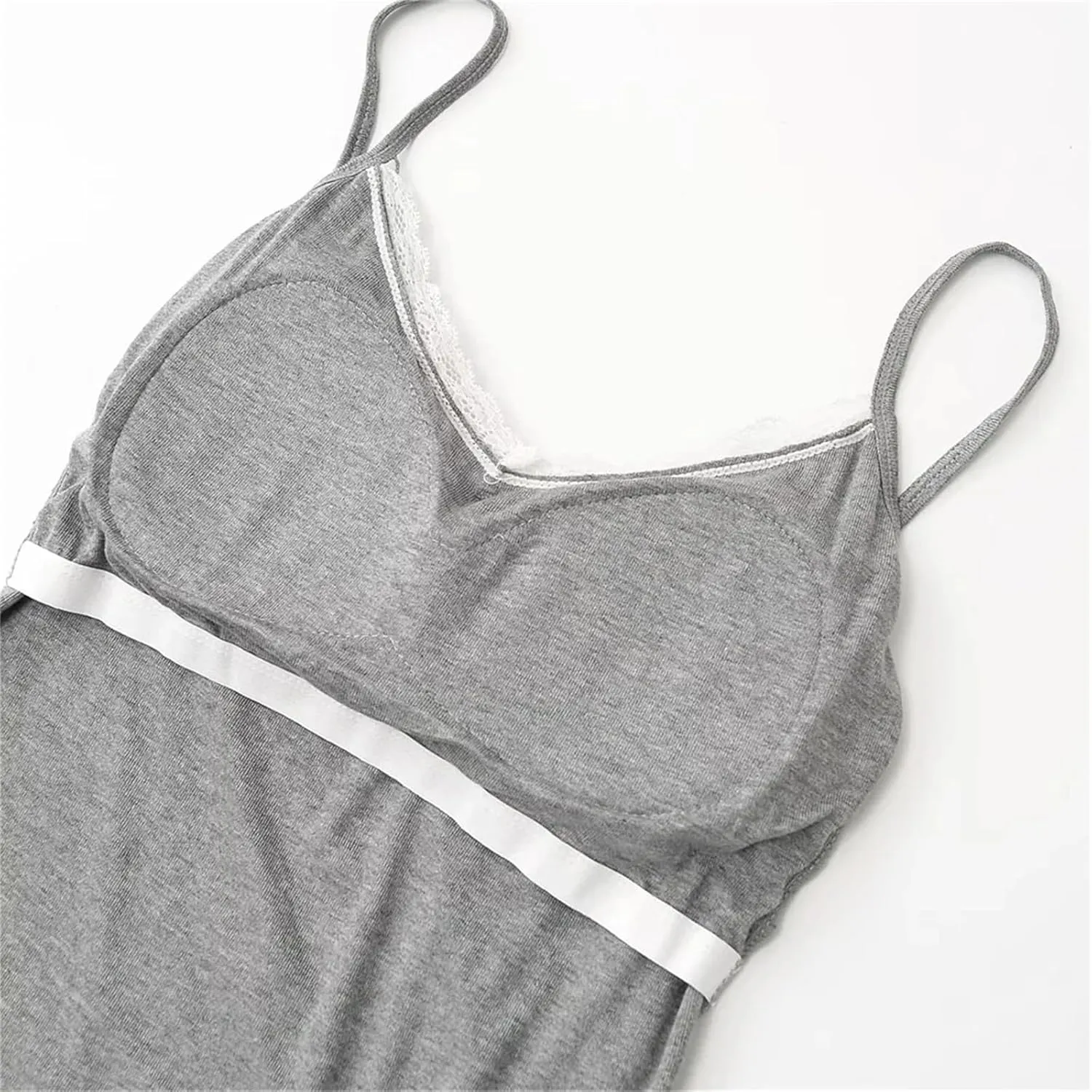 Women's V-Neck Spaghetti Strap Camisole Lace Trim Bow Design Built-in Chest Pad Slim Fit Tank Top