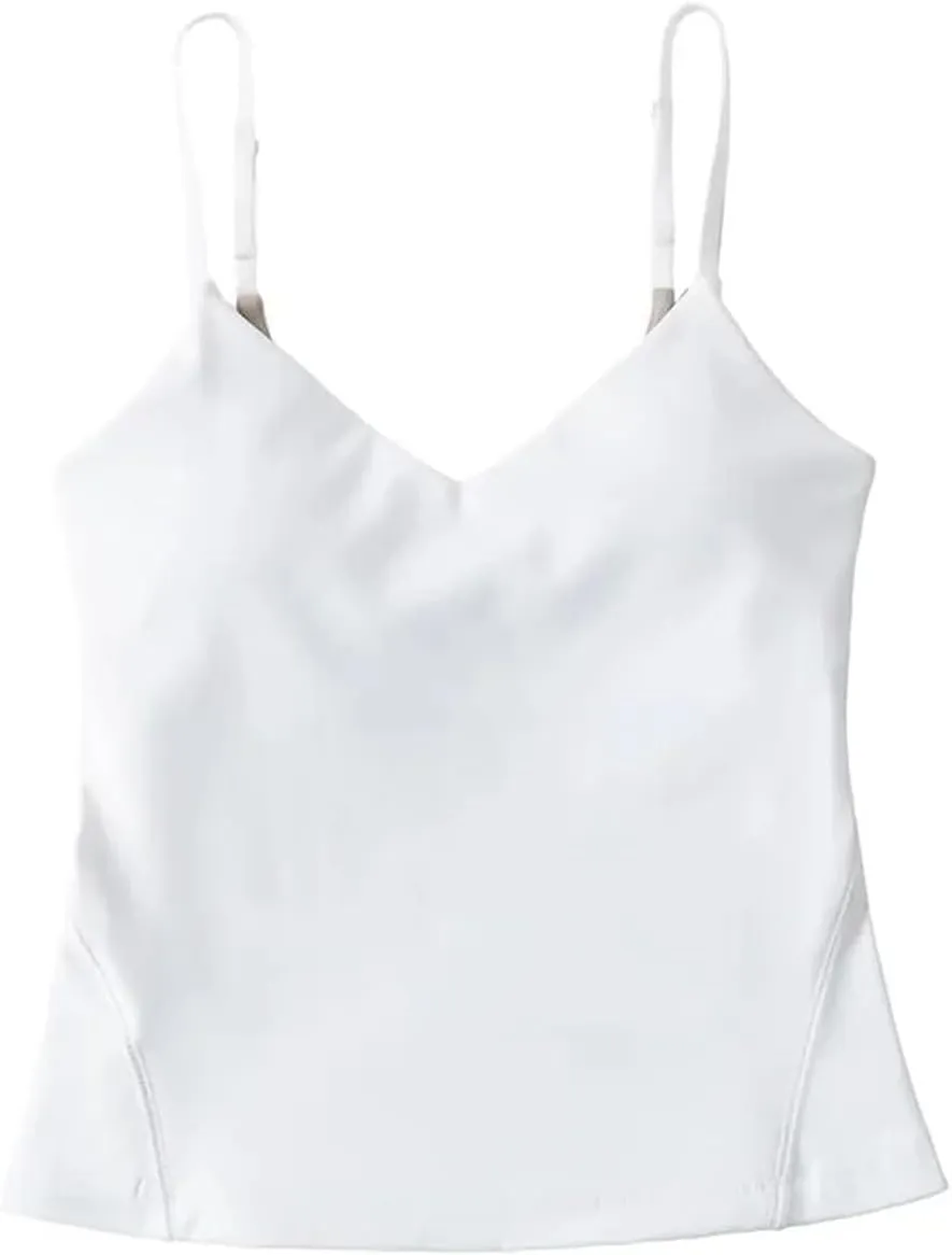 Women's V-Neck Spaghetti Strap Camisole Top Adjustable Straps Built-in Chest Pad Casual Tank Top
