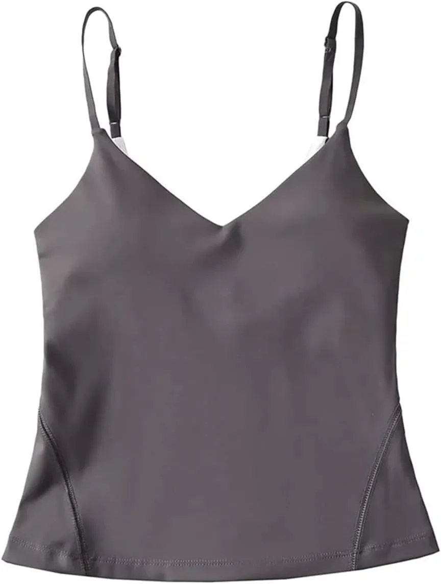 Women's V-Neck Spaghetti Strap Camisole Top Adjustable Straps Built-in Chest Pad Casual Tank Top