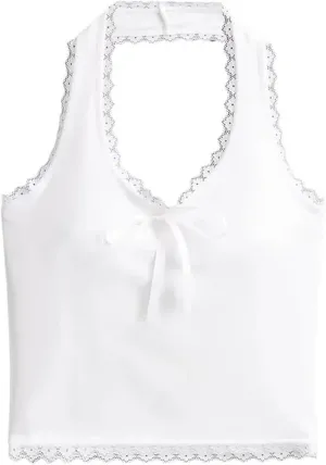 Women's V-Neck Tank Top Lace Trim Bow Decoration Built-in Chest Pad Slim-Fitting Camisole