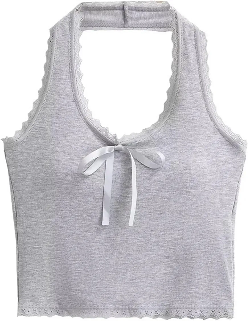 Women's V-Neck Tank Top Lace Trim Bow Decoration Built-in Chest Pad Slim-Fitting Camisole