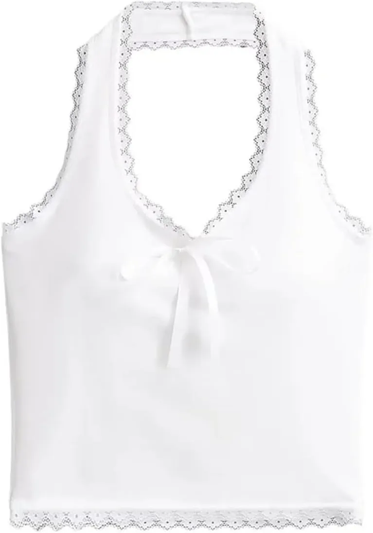 Women's V-Neck Tank Top Lace Trim Bow Decoration Built-in Chest Pad Slim-Fitting Camisole