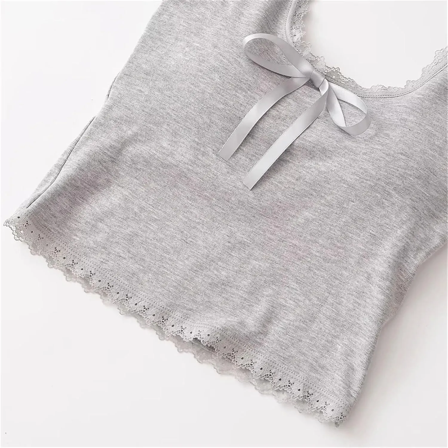 Women's V-Neck Tank Top Lace Trim Bow Decoration Built-in Chest Pad Slim-Fitting Camisole