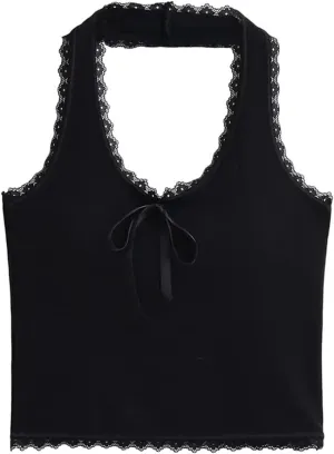 Women's V-Neck Tank Top Lace Trim Bow Decoration Built-in Chest Pad Slim-Fitting Camisole