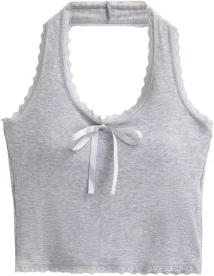 Women's V-Neck Tank Top Lace Trim Bow Decoration Built-in Chest Pad Slim-Fitting Camisole