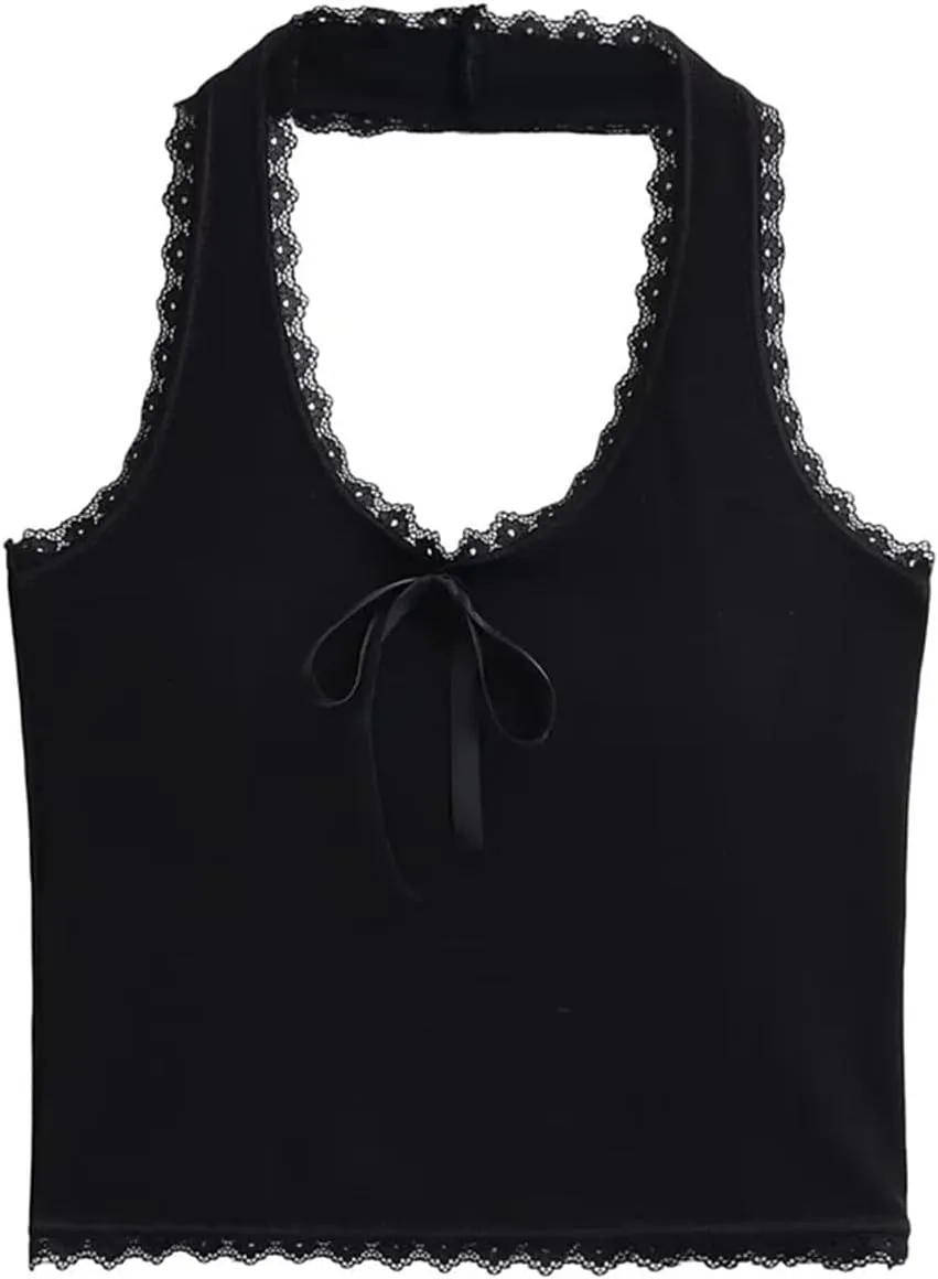 Women's V-Neck Tank Top Lace Trim Bow Decoration Built-in Chest Pad Slim-Fitting Camisole