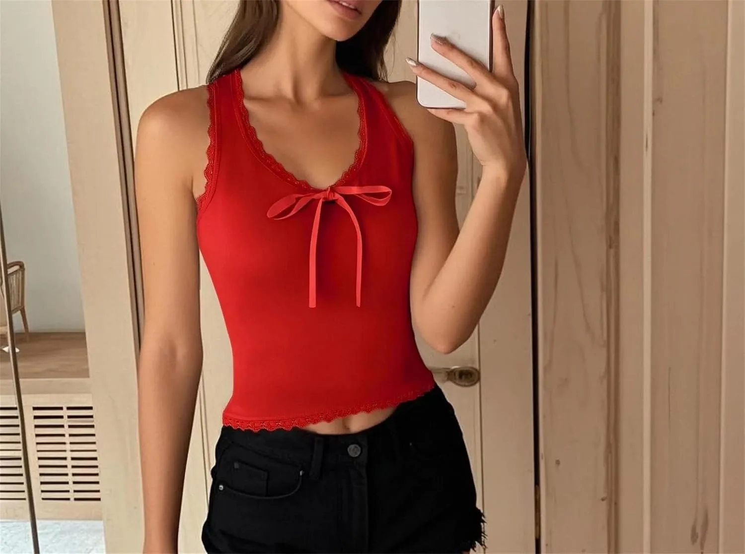 Women's V-Neck Tank Top Lace Trim Bow Decoration Built-in Chest Pad Slim-Fitting Camisole