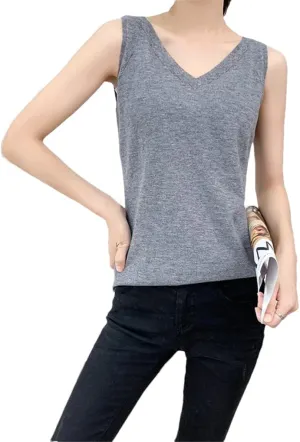Women's Vest V-Neck Sleeveless Tanks Top Knitted Pullover Ladies Camisole Bottom Shirt