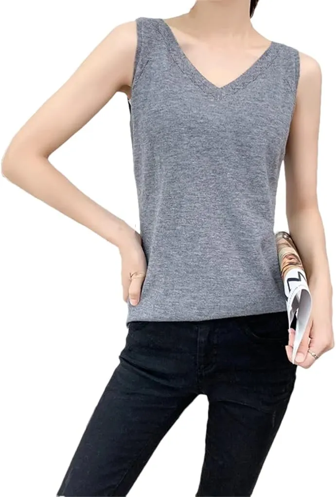 Women's Vest V-Neck Sleeveless Tanks Top Knitted Pullover Ladies Camisole Bottom Shirt