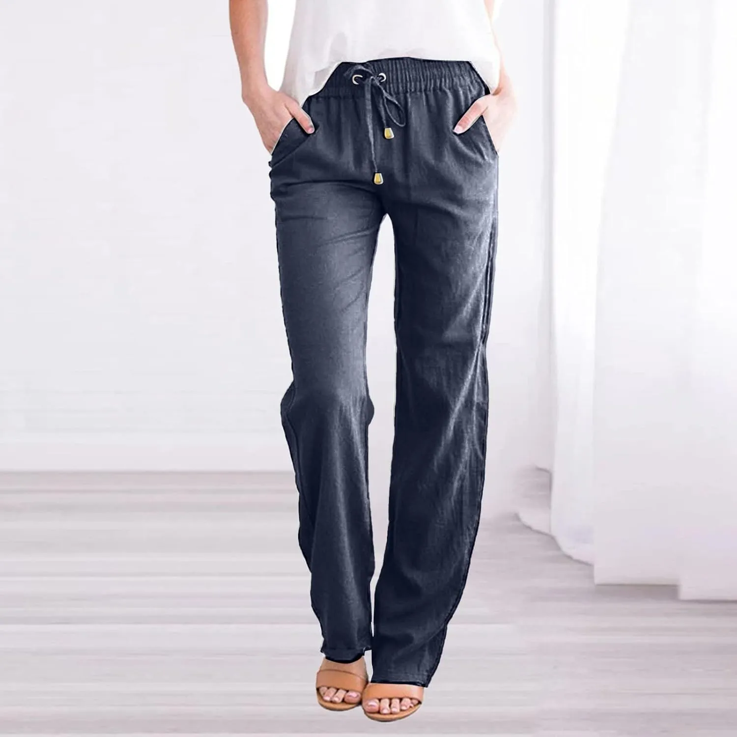 Women's Wide Leg Pants Winter Highwaisted Beach Pants with Pockets Fleece Lined Elastic Waist