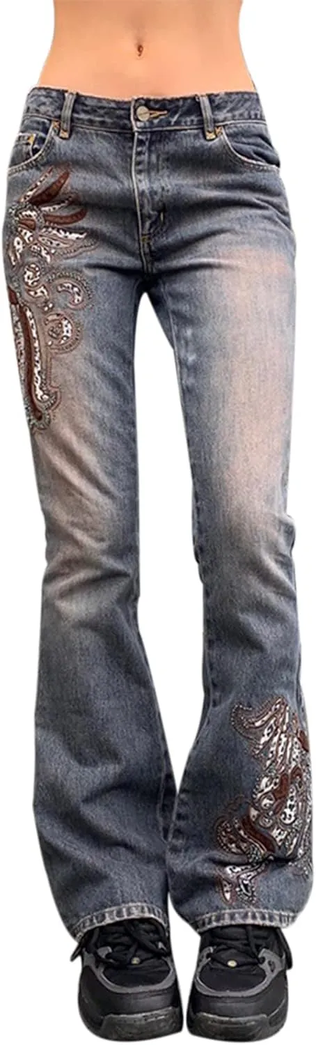 Womens Y2k Bootcut Jeans Pull On Wide Leg Stretch Washed Distressed Skinny Flare Pants Low Rise Trouser