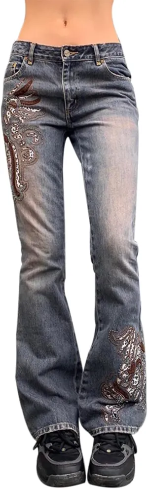 Womens Y2k Bootcut Jeans Pull On Wide Leg Stretch Washed Distressed Skinny Flare Pants Low Rise Trouser