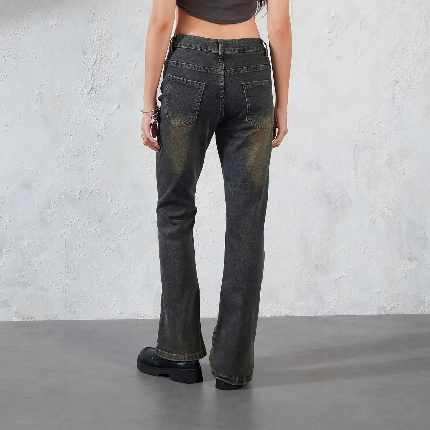 Womens Y2k Bootcut Jeans Pull On Wide Leg Stretch Washed Distressed Skinny Flare Pants Low Rise Trouser