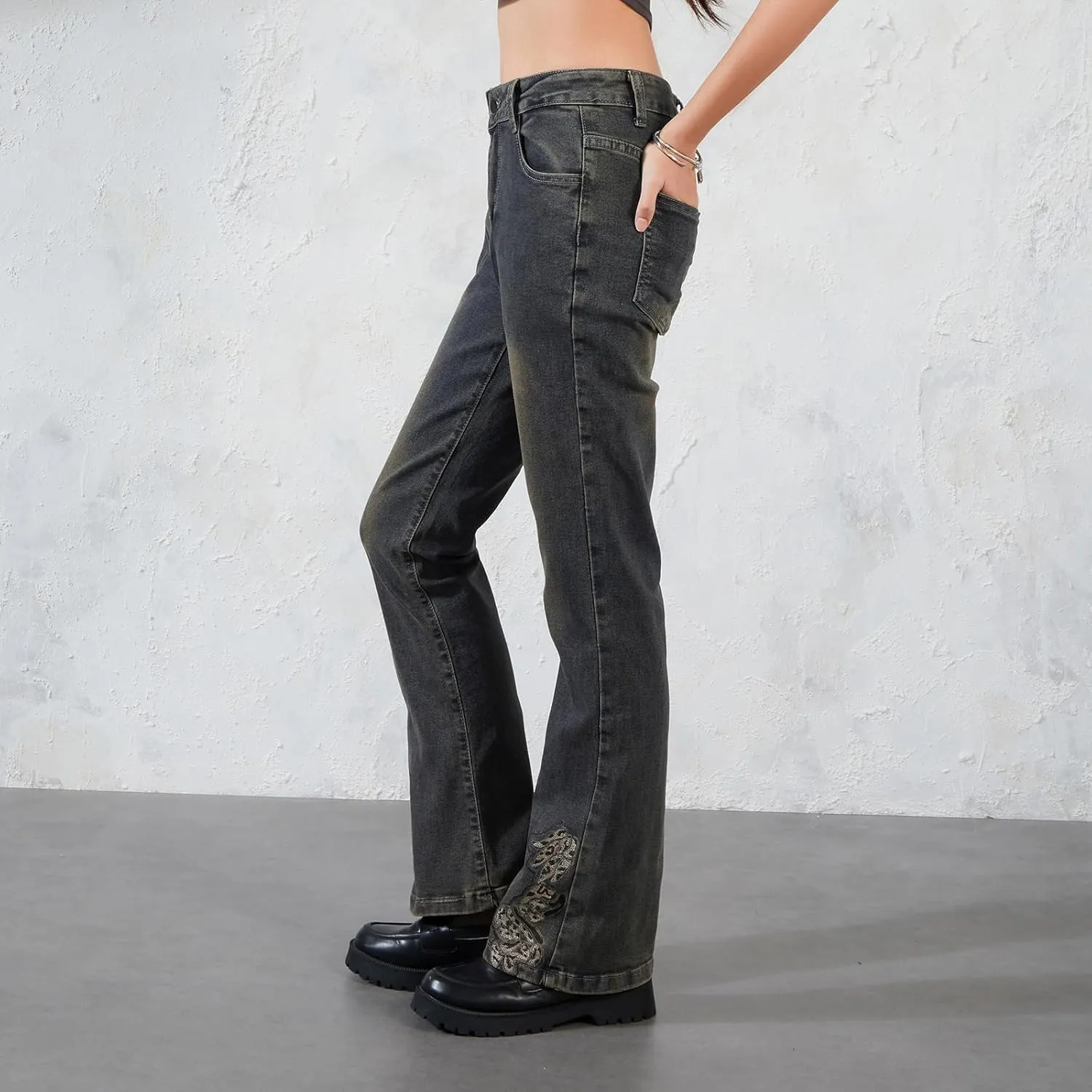 Womens Y2k Bootcut Jeans Pull On Wide Leg Stretch Washed Distressed Skinny Flare Pants Low Rise Trouser