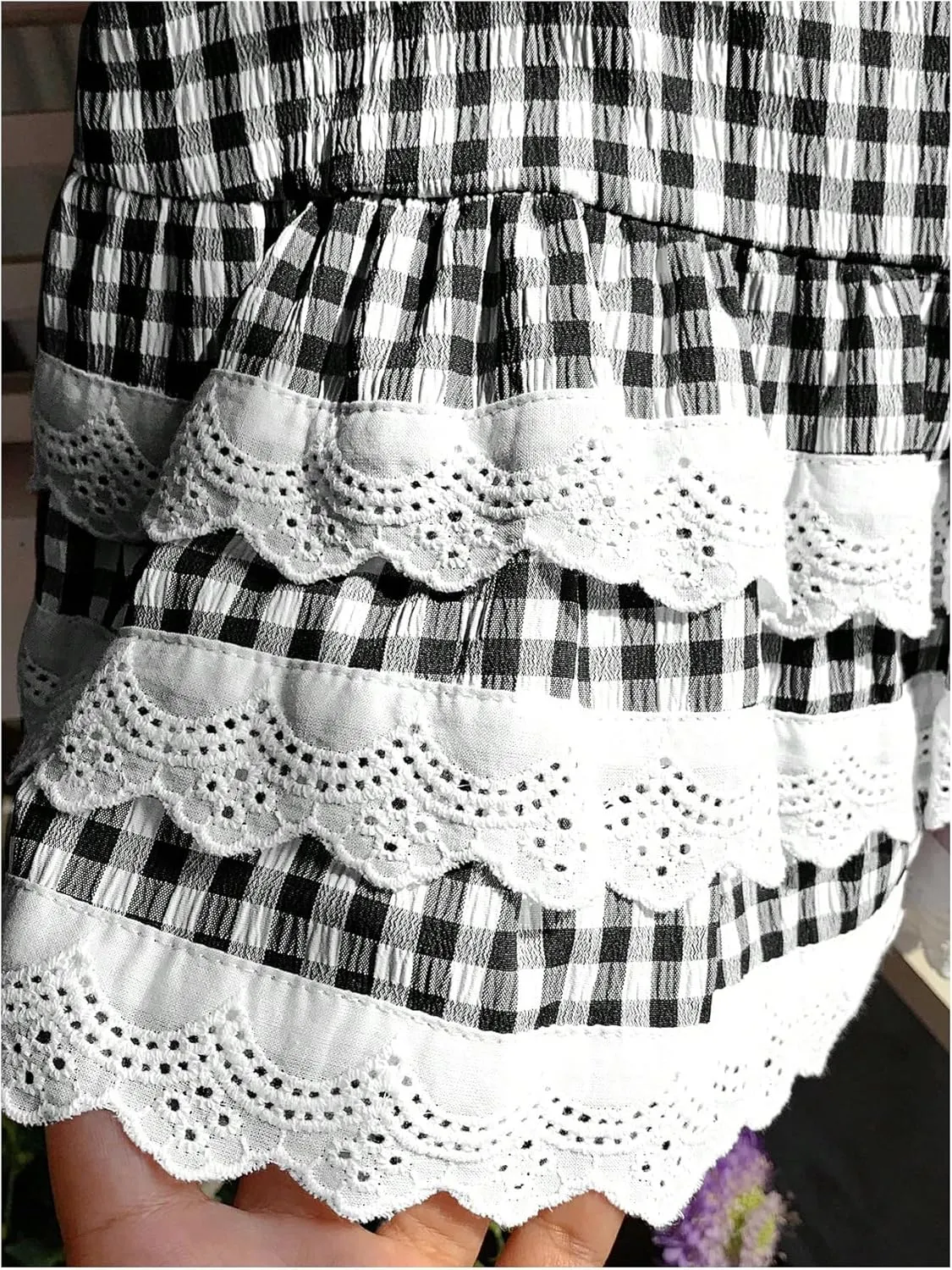 Women's Y2K Gingham Skirt with Ruffle Hem, Zipper, High Waisted, Flared A Line Mini Skirt with Layered Lace Trim