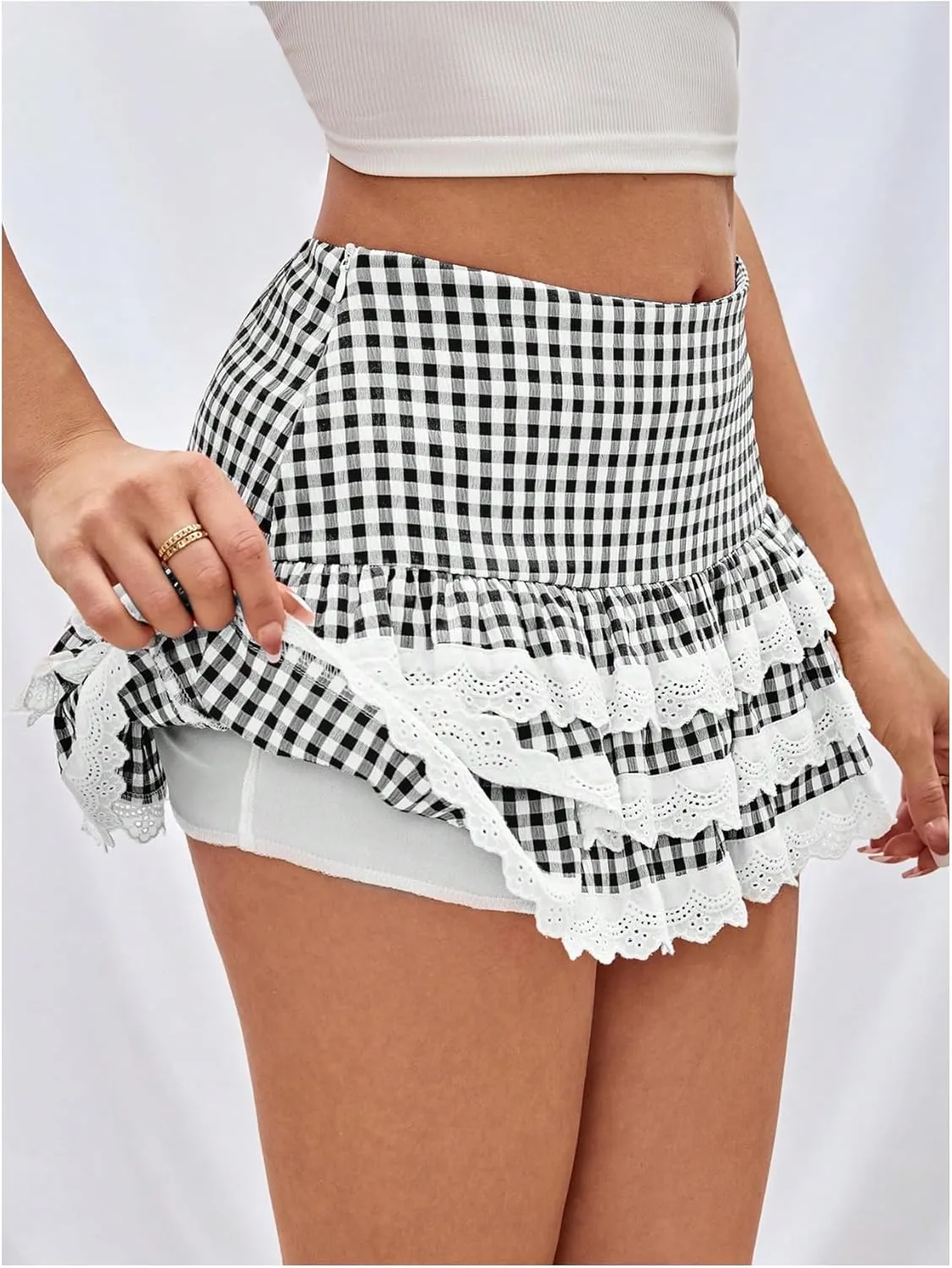 Women's Y2K Gingham Skirt with Ruffle Hem, Zipper, High Waisted, Flared A Line Mini Skirt with Layered Lace Trim