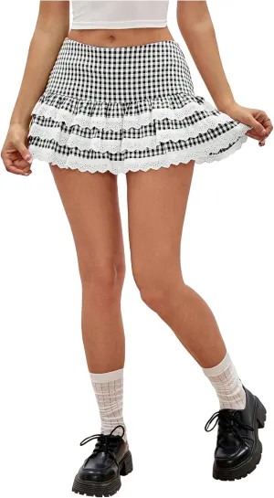 Women's Y2K Gingham Skirt with Ruffle Hem, Zipper, High Waisted, Flared A Line Mini Skirt with Layered Lace Trim