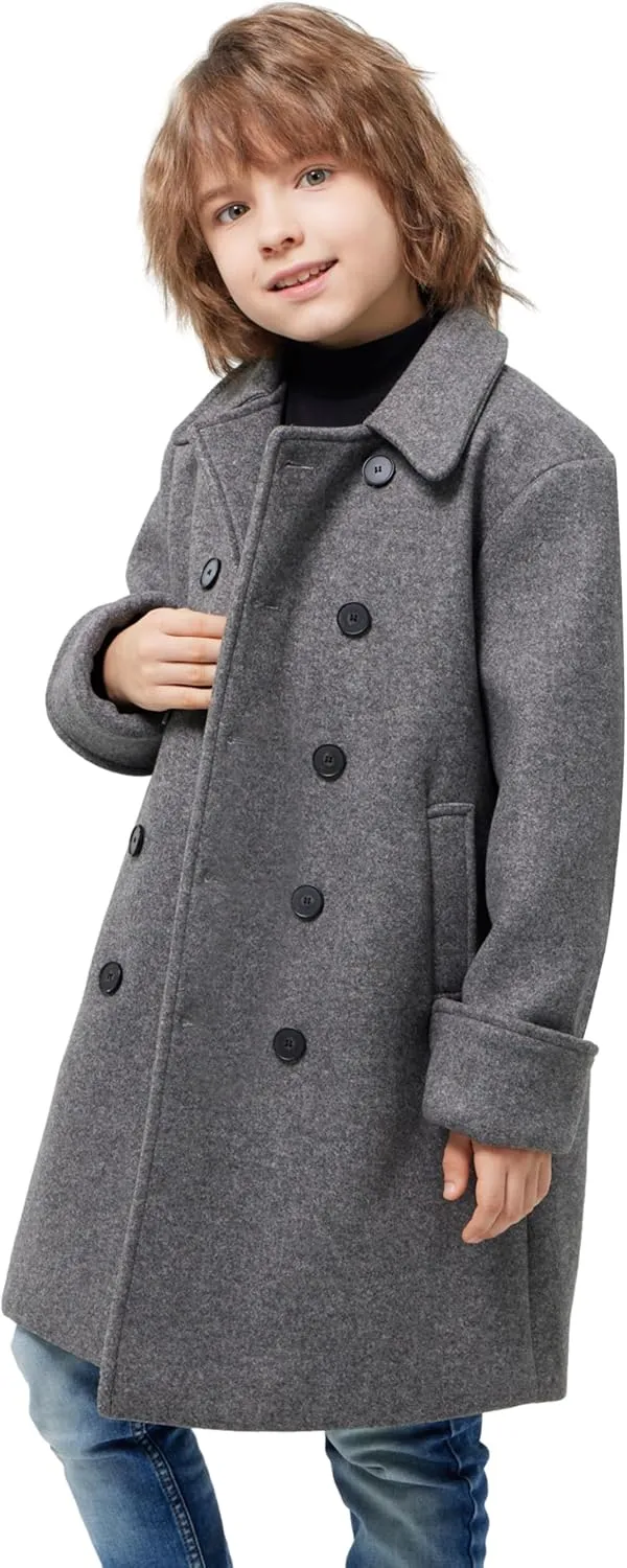 WULFUL Boys Double Breasted Wool Trench Coat Winter Pea Coat