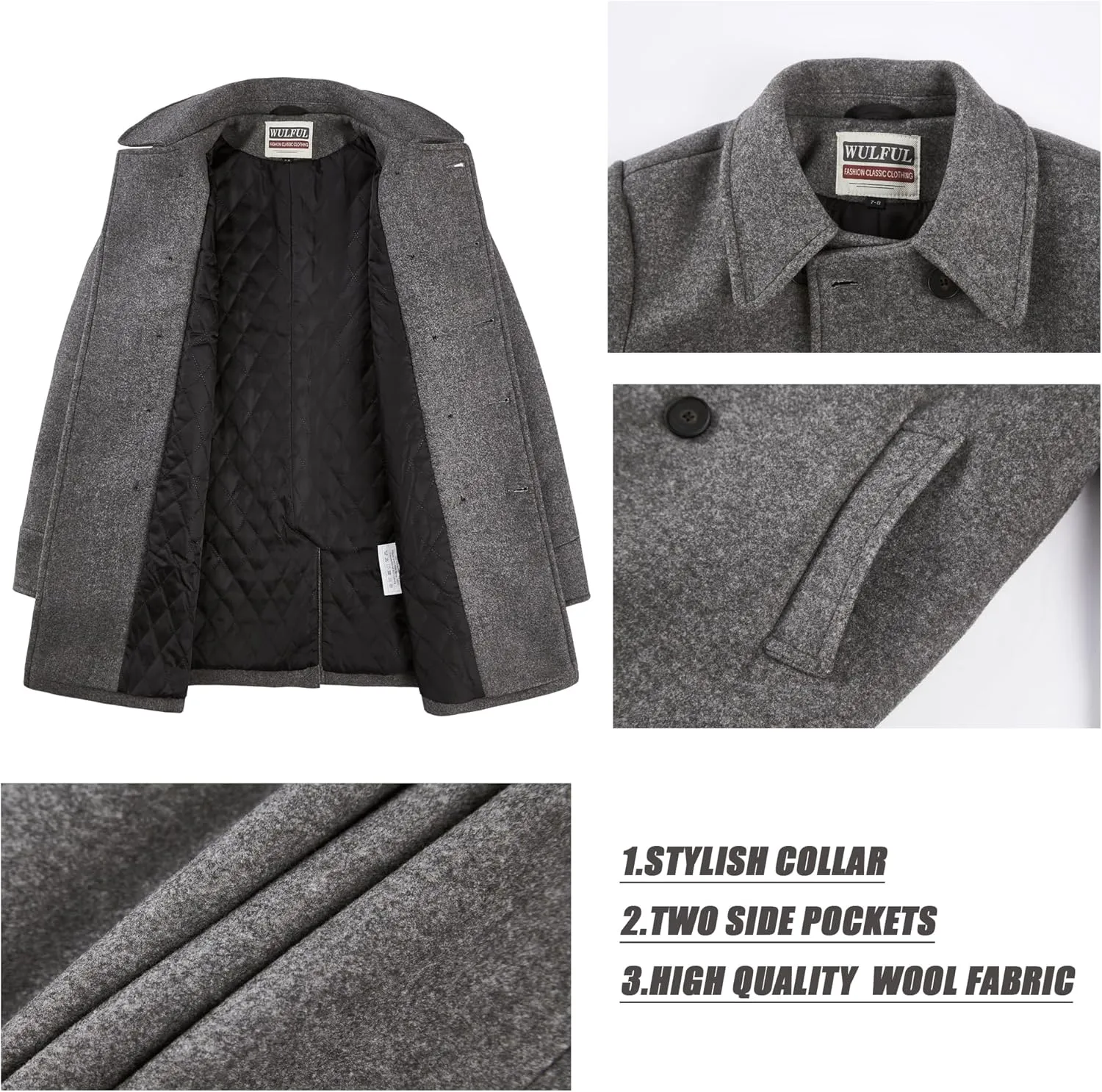 WULFUL Boys Double Breasted Wool Trench Coat Winter Pea Coat