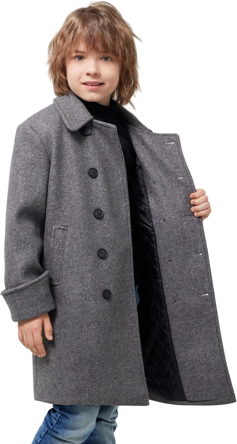 WULFUL Boys Double Breasted Wool Trench Coat Winter Pea Coat