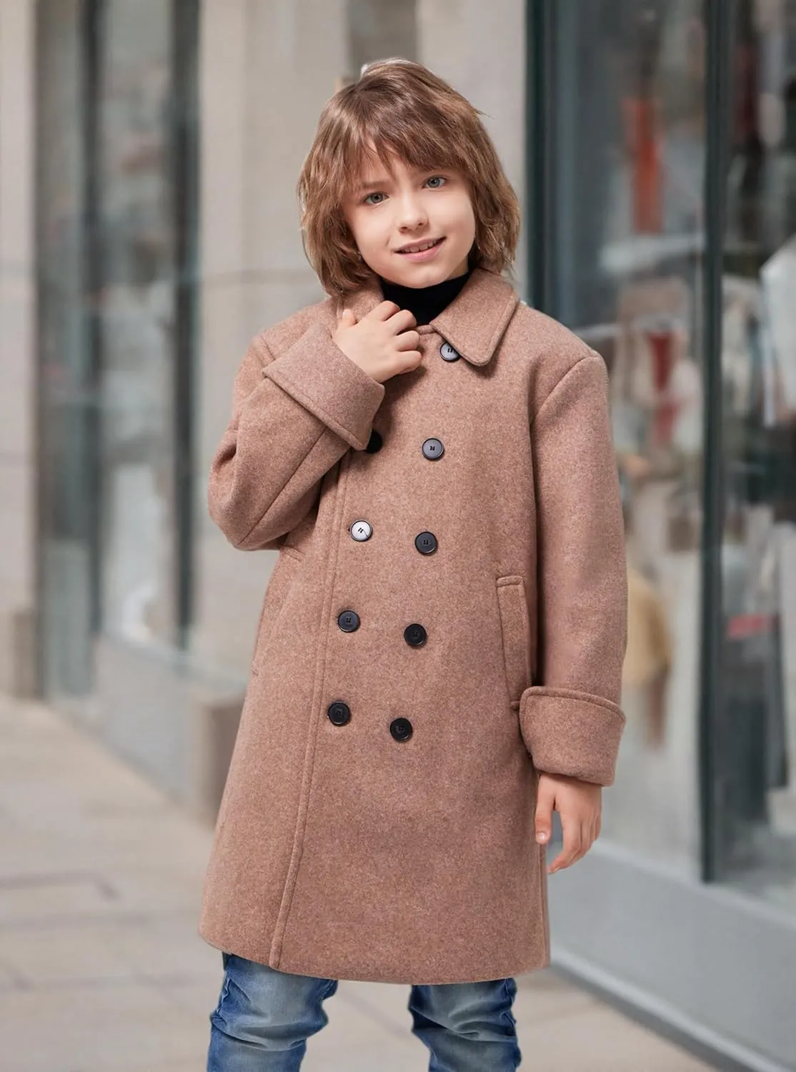 WULFUL Boys Double Breasted Wool Trench Coat Winter Pea Coat