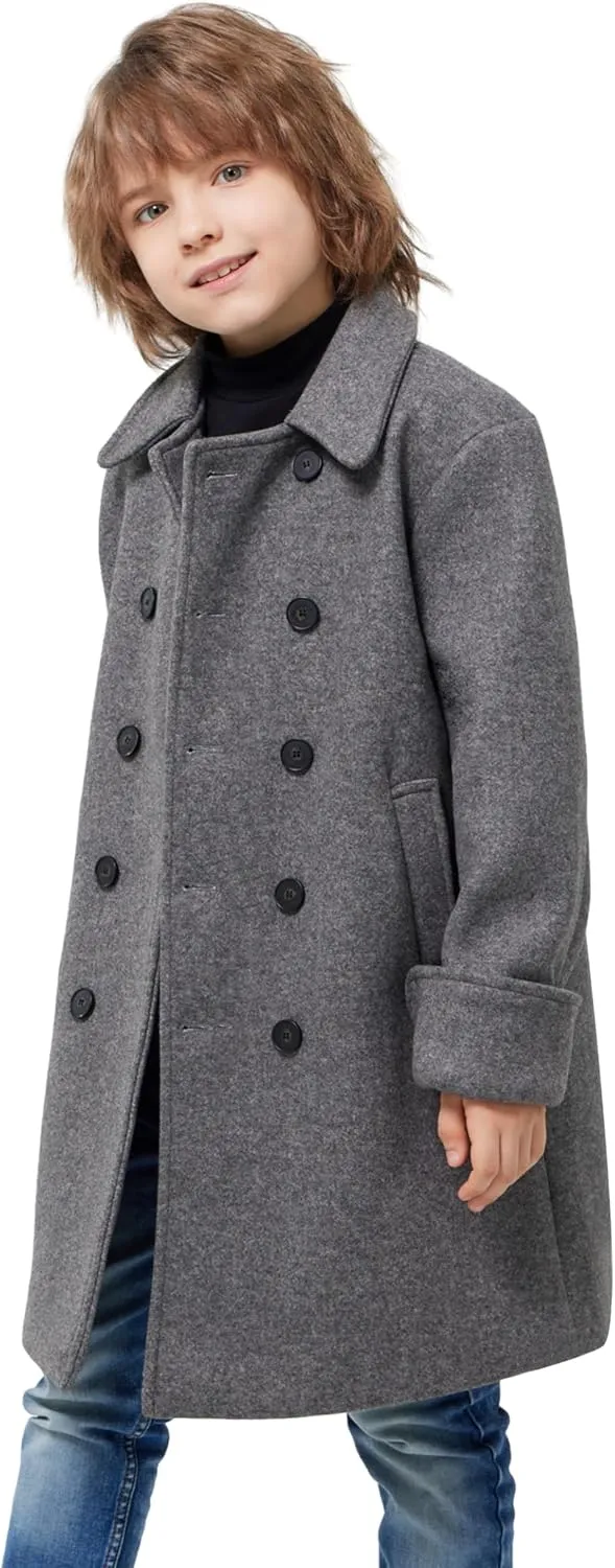 WULFUL Boys Double Breasted Wool Trench Coat Winter Pea Coat