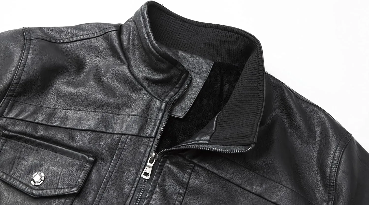 WULFUL Men's Vintage Stand Collar Leather Jacket Motorcycle PU Jacket and Coat