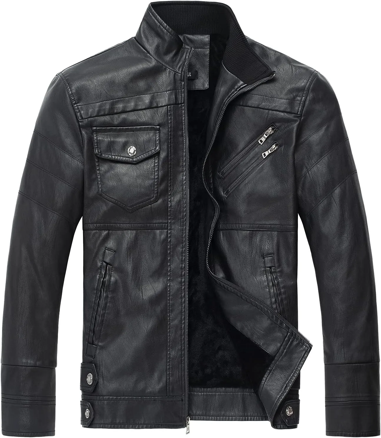 WULFUL Men's Vintage Stand Collar Leather Jacket Motorcycle PU Jacket and Coat