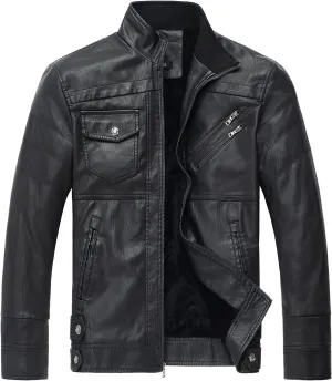WULFUL Men's Vintage Stand Collar Leather Jacket Motorcycle PU Jacket and Coat