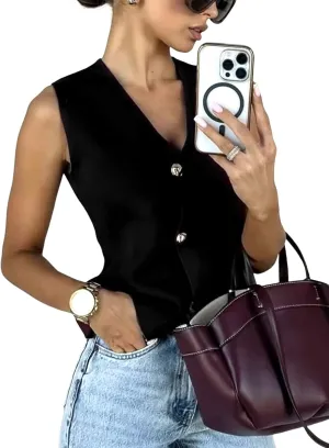 Wyeysyt Womens Vest Top Cropped Sleeveless Knit Vest Gold Button Down V Neck Vest Casual Plain Summer Waistcoat Cardigan