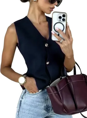 Wyeysyt Womens Vest Top Cropped Sleeveless Knit Vest Gold Button Down V Neck Vest Casual Plain Summer Waistcoat Cardigan
