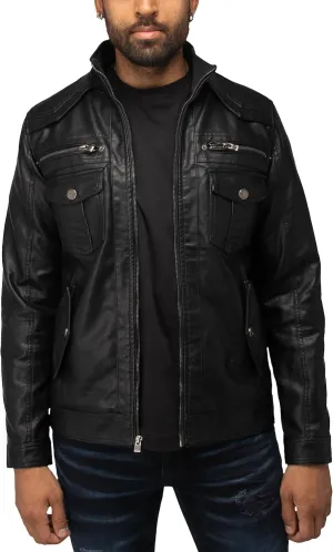 X RAY Mens Faux Leather Jacket with Hood, Hooded Stand Collar PU Leather Jacket for Men, Black, Large