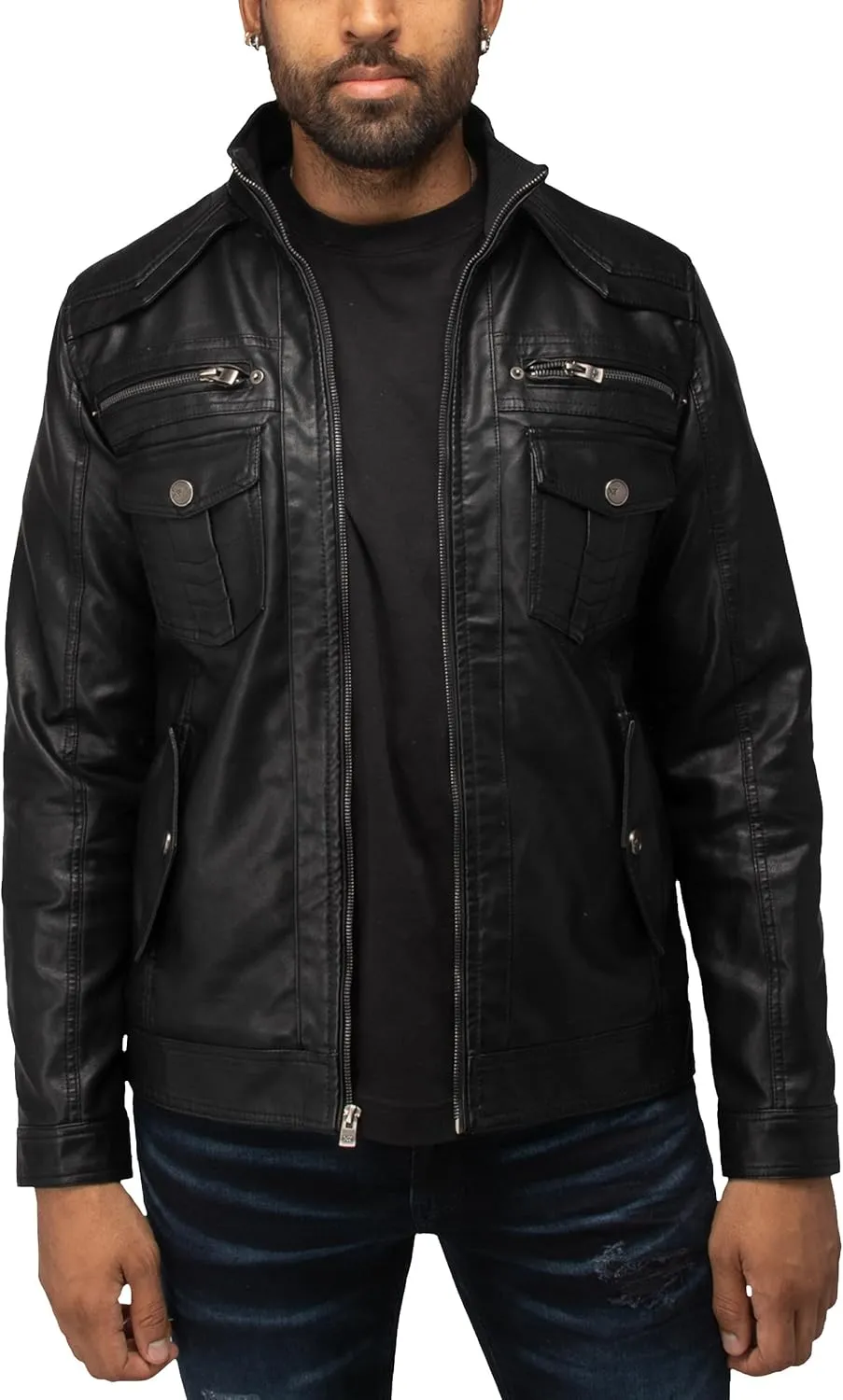 X RAY Mens Faux Leather Jacket with Hood, Hooded Stand Collar PU Leather Jacket for Men, Black, Large