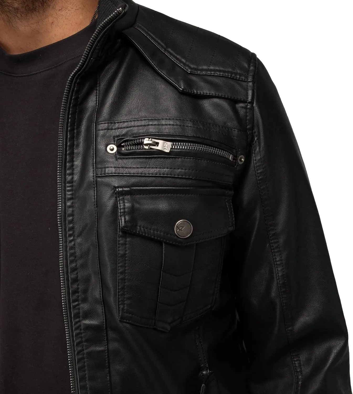 X RAY Mens Faux Leather Jacket with Hood, Hooded Stand Collar PU Leather Jacket for Men, Black, Large