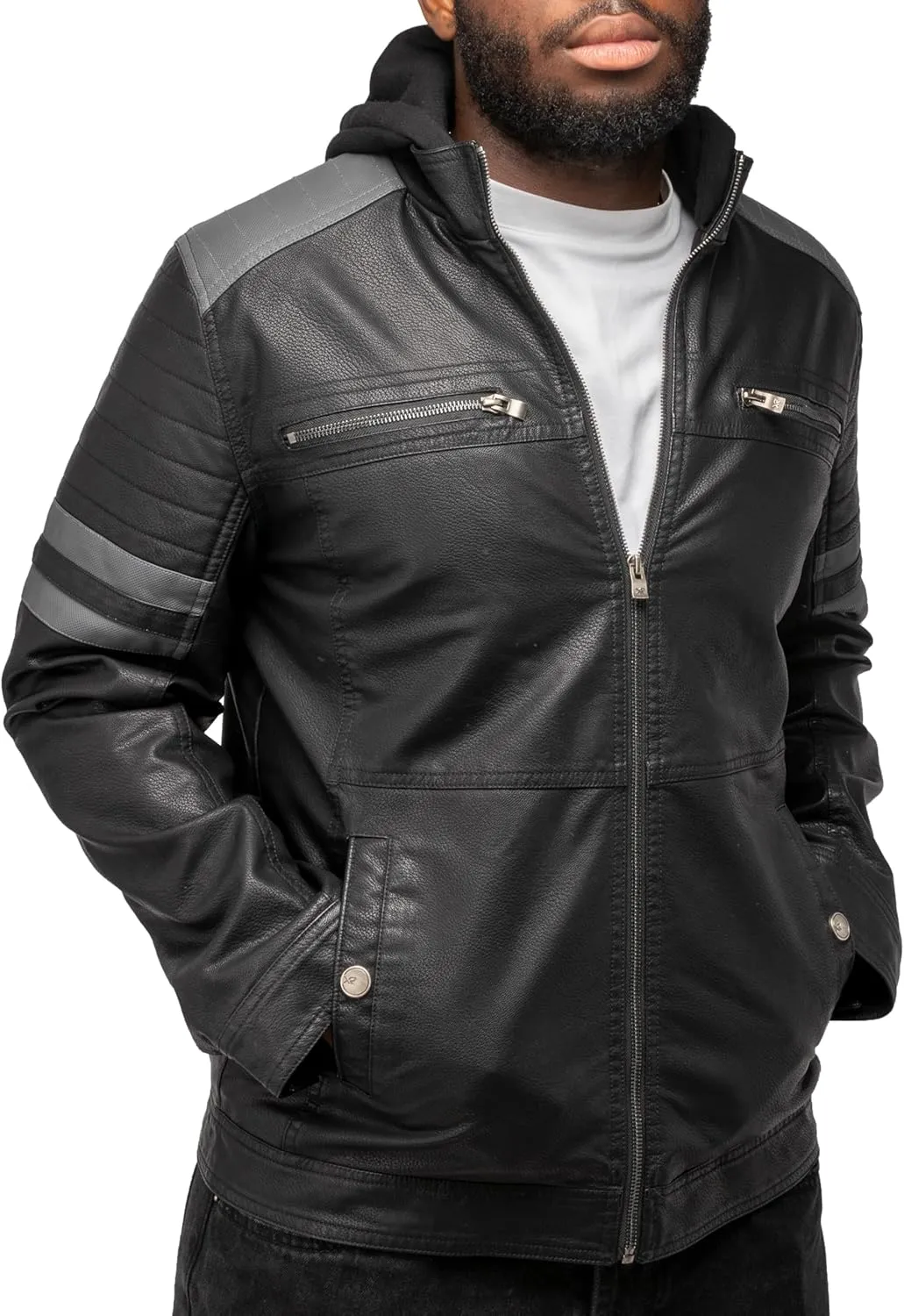 X RAY Mens Faux Leather Jacket with Hood, Hooded Stand Collar PU Leather Jacket for Men, Black, Large
