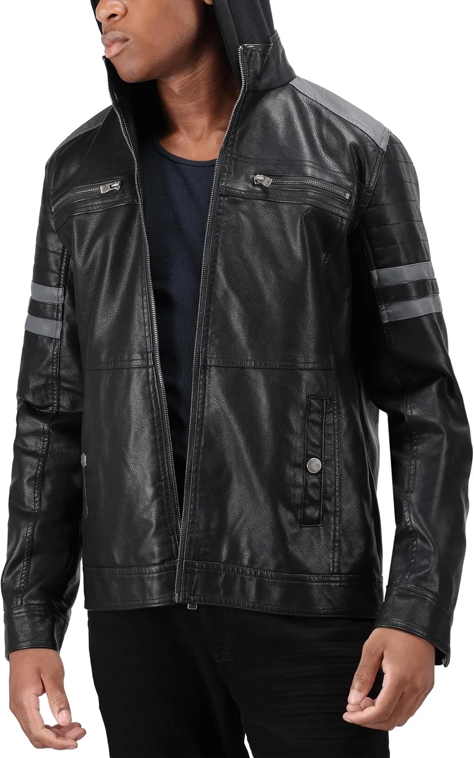 X RAY Mens Faux Leather Jacket with Hood, Hooded Stand Collar PU Leather Jacket for Men, Black, Large
