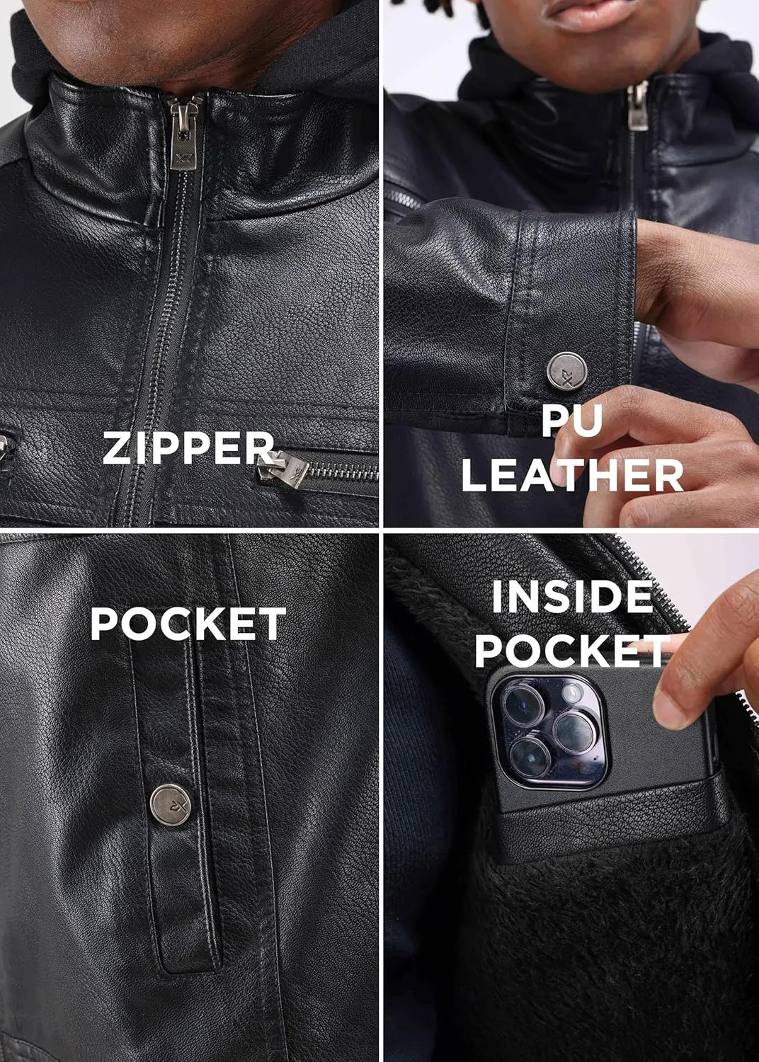 X RAY Mens Faux Leather Jacket with Hood, Hooded Stand Collar PU Leather Jacket for Men, Black, Large