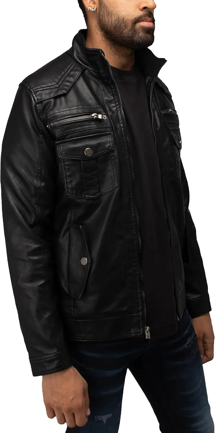 X RAY Mens Faux Leather Jacket with Hood, Hooded Stand Collar PU Leather Jacket for Men, Black, Large