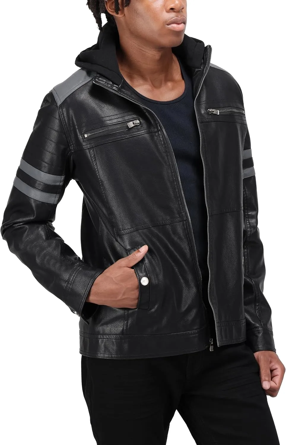 X RAY Mens Faux Leather Jacket with Hood, Hooded Stand Collar PU Leather Jacket for Men, Black, Large
