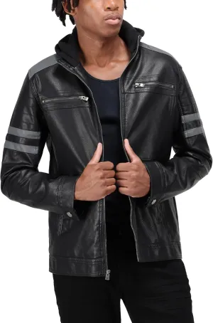 X RAY Mens Faux Leather Jacket with Hood, Hooded Stand Collar PU Leather Jacket for Men, Black, Large