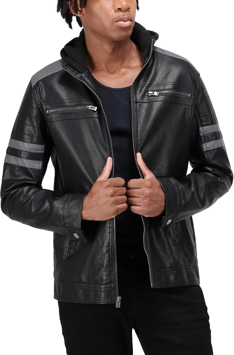 X RAY Mens Faux Leather Jacket with Hood, Hooded Stand Collar PU Leather Jacket for Men, Black, Large