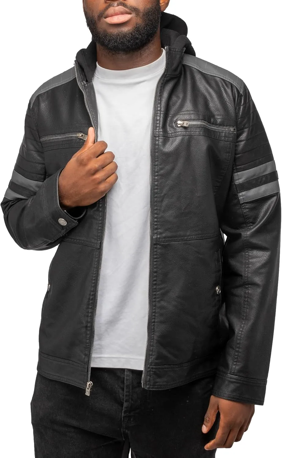 X RAY Mens Faux Leather Jacket with Hood, Hooded Stand Collar PU Leather Jacket for Men, Black, Large